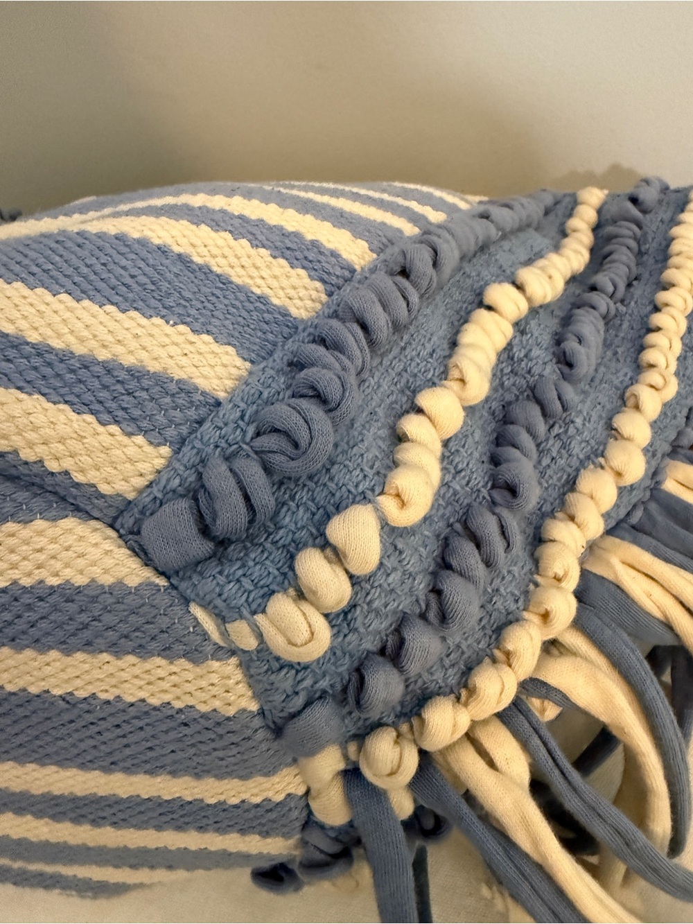 Striped Blue & Cream Fringe Tote Bag Rope Handles - Picture 7 of 16